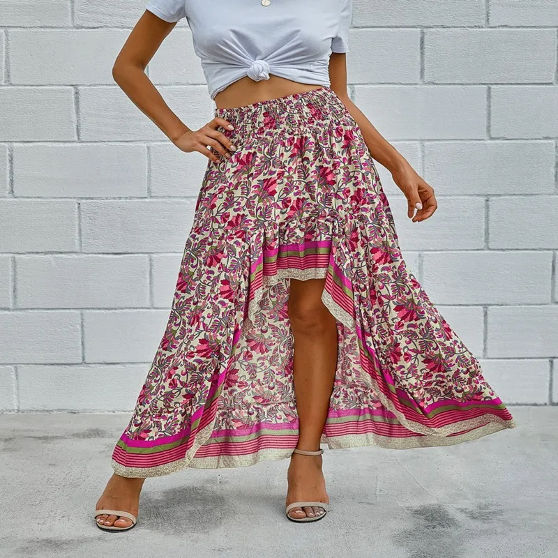 

Spring and Summer New Fashion Bohemian Casual Printing Irregular High Waist Loose Show Thin Versatile Women's Ankle Long Skirt