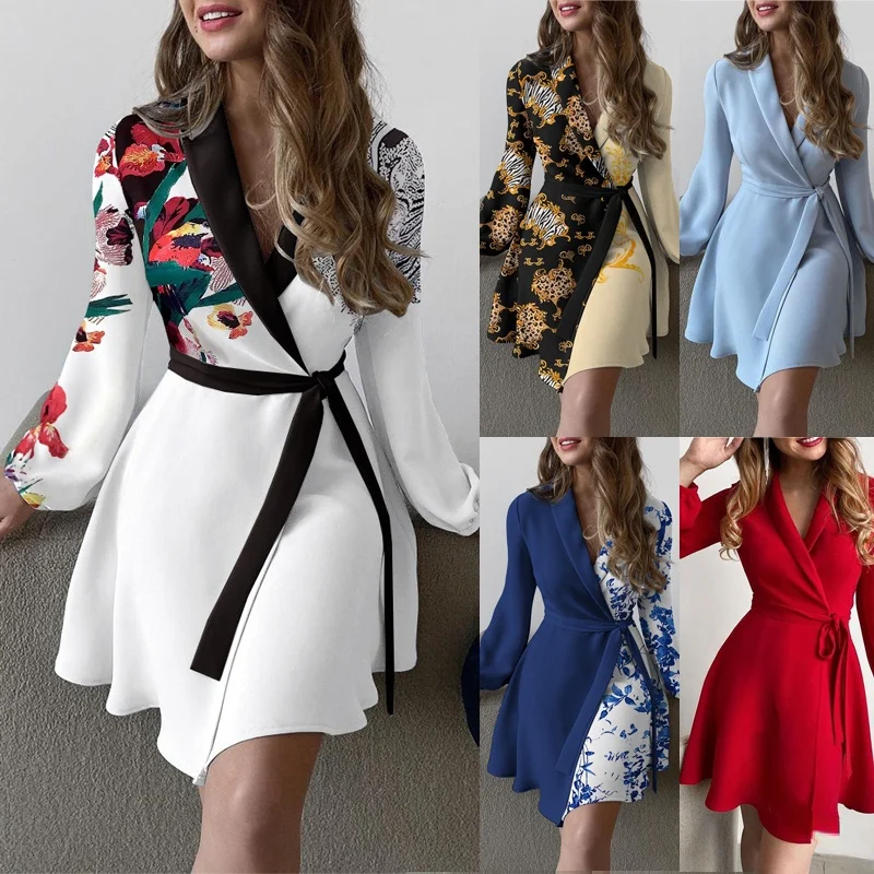 

New Fashion Dress for Women Colorblock Floral Printing Office Lady Elegant French Surplice Belted Dresses V-Neck Knee-Length