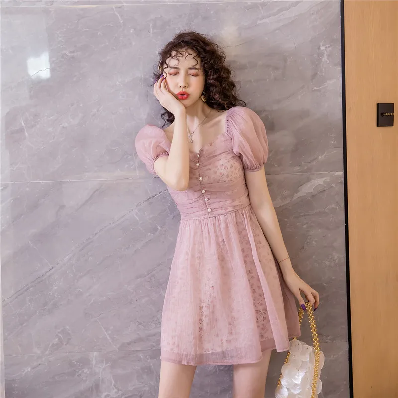 

2021 Summer New Small Floral Bubble Sleeve V-neck Elegant Girl French Dress Niche Short Skirt Small