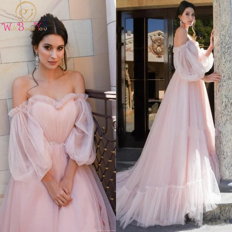 Walk Beside You Prom Dress Pink Princess Pregnant Puffy Long Sleeve Pageant Plus Size Evening Dresses robe de soirée femmes 2022