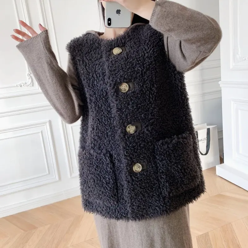 

2021 Autumn Winter Korean Chic Women Wool Fur Leather Waistcoat Single-Breasted High Quality Stand Collar Middle Lamb Wool Vest