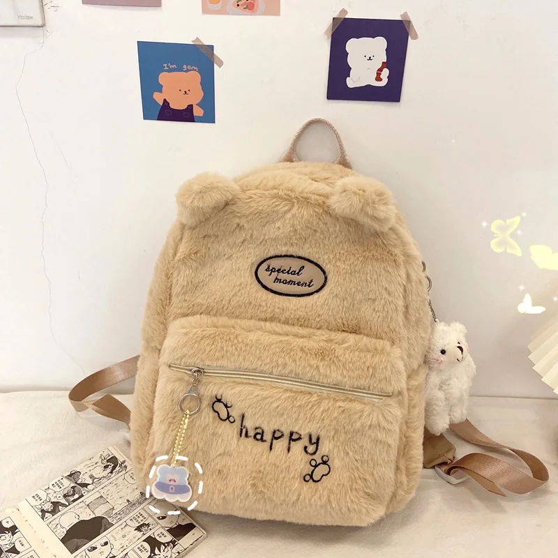 

Winter Female Backpack Casual Classical Women Backpack Fur Fashion Women Shoulder Bag Solid Color School Bag For Teenage Girls