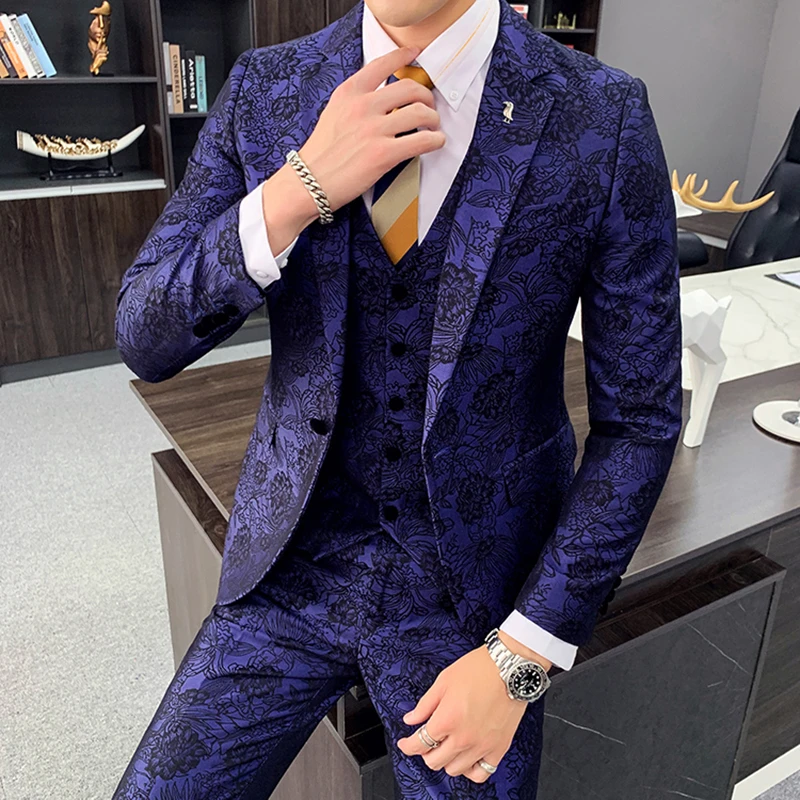 Ternos Masculinos Slim Fit Vintage Mens Suits Flowers Printed Blazers Men 3-piece Set Fancy Costume Homme Taille 4XL | Мужская одежда