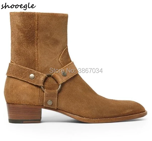 SHOOEGLE Distressed Cowboy Boots Men Brown Black Coffee Ankle Buckle Strap Chains Low Heels Western |