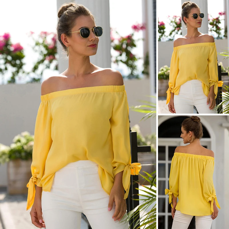 2019 New Fashion Women's Sexy Off Shoulder Slim Tops Summer Knot Ladies Long Sleeve Solid Women |