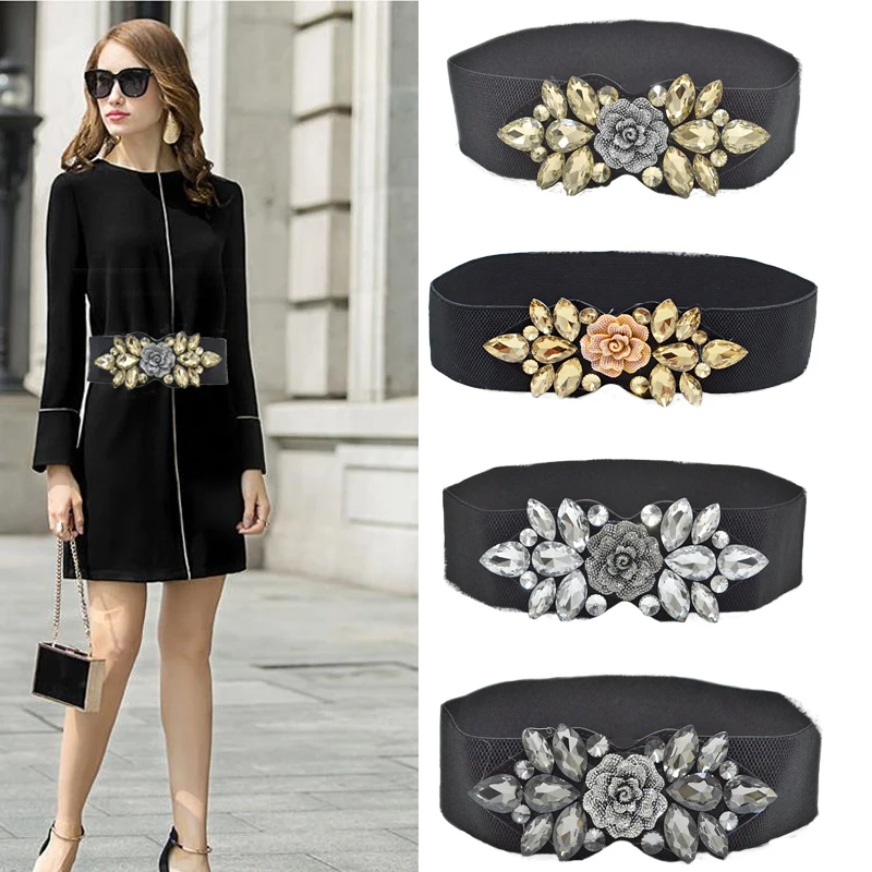 Luxury 2020 New Fashion New Popular Beaded Flower Wide Waist Seal Ladies Handmade String Crystal Beads Elastic Belt Bg-393