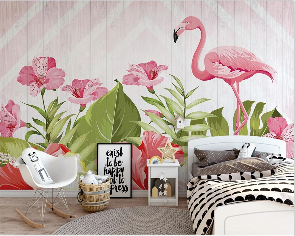 

Обои beibehang papel de pared на заказ, современные минималистичные обои в скандинавском стиле с изображением фламинго, тропических растений для детской комнаты