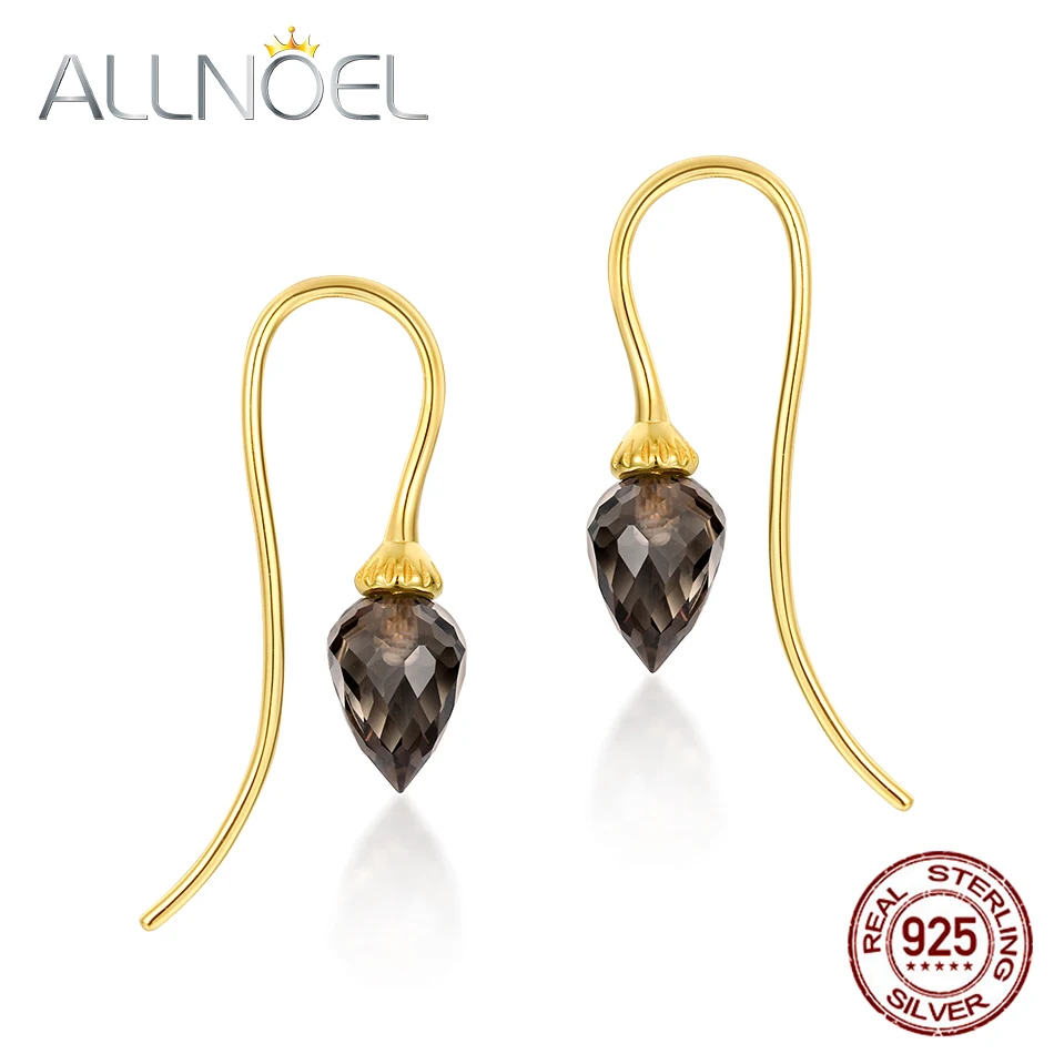 

ALLNOEL 925 Висячие серьги из серебра 925 пробы для женщин 100% натуральный дымчатый кварц драгоценный камень золото свадебное роскошное ювелирное ...