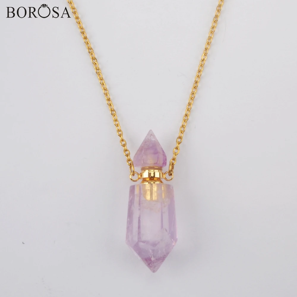 BOROSA 26inch Perfume Bottle Stainless Steel Necklace Natural Stone Essential Oil Diffuser Gold Jewelry G1942-N | Украшения и