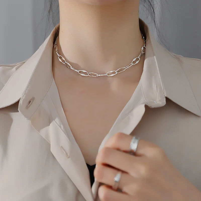 

S925 silver necklace Korea Dongdaemun fashion retro double hollow oval clavicle chain simple hip hop jewelry