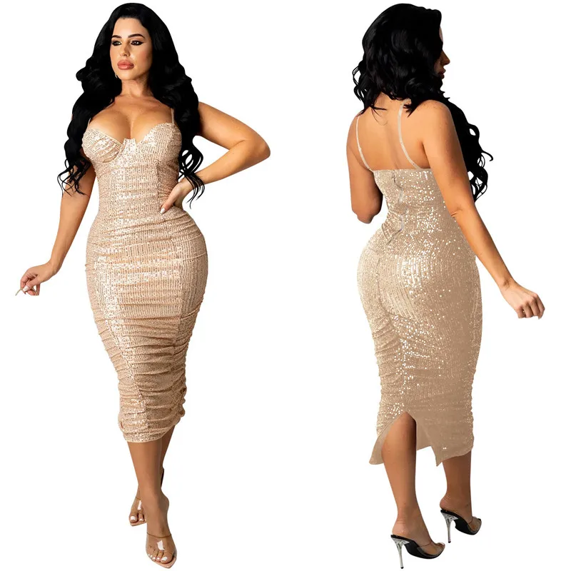 

WUHE Spaghetti Strap Plunging V-neck Bodycon Women Sequins Dress Sexy Party Slit Back Night Clubwear Pencil Dresses