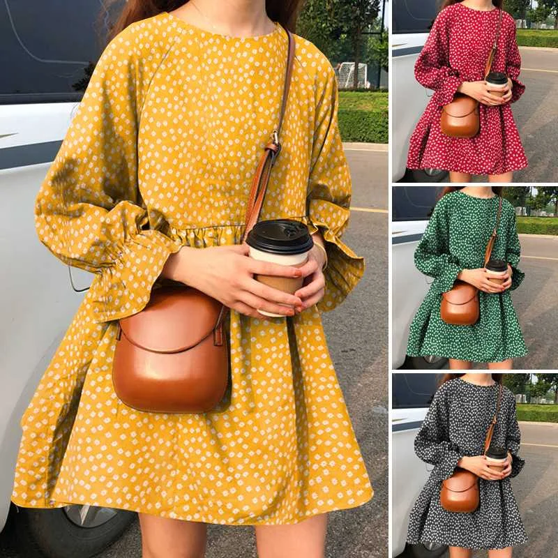 

Flare Sleeve Mini Dress Women Casual Long Sleeve Dresses Bohemian Floral Sundress 2021 VONDA Dot Printed Vestidos Plus Size