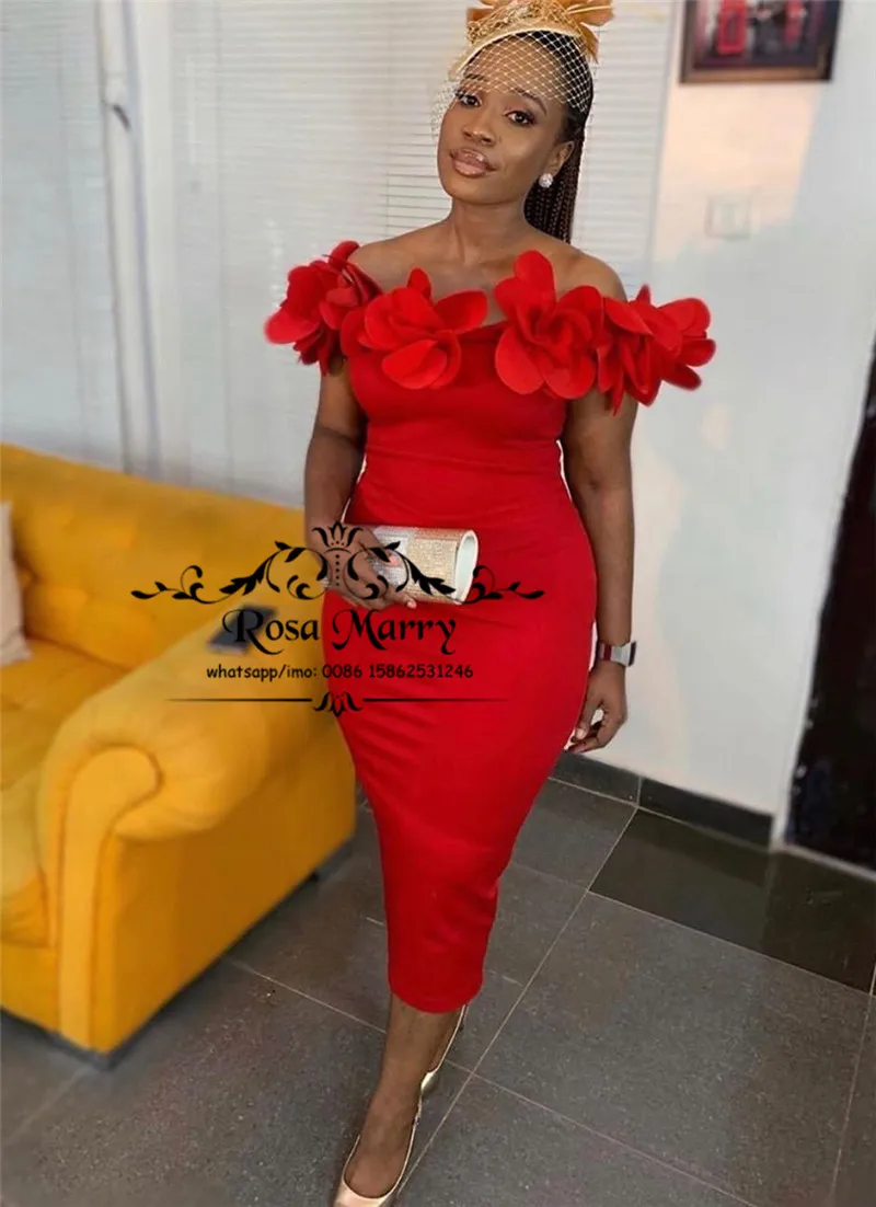 

Sexy Red 3D Flower African Bridesmaids Dresses 2020 Off Shoulder Plus Size Tea Length Arabic Country Wedding Guest Maid Of Honor