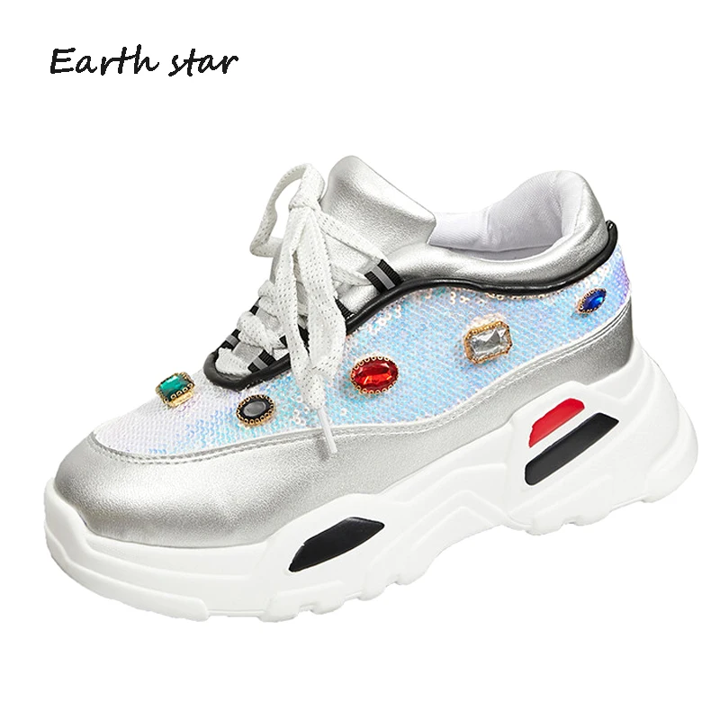 

Female Trainer Rhinestone Shoes Women Platform Sneakers Rninestone Fashion Ladies Chunky footware Glitter Thick Bottom Dad Shoes