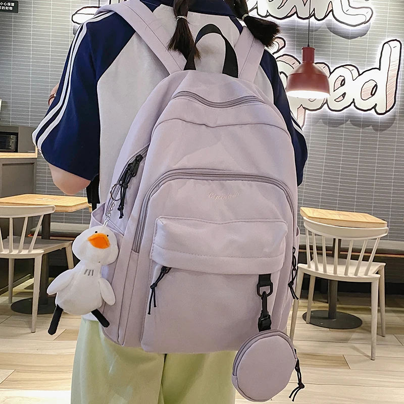 

Waterproof Nylon Women Backpacks With Round Pocket Female Solid Color Back Pack Travel Bag Teenage Girls Schoolbag Backpack