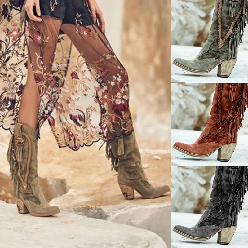 Женские ковбойские сапоги LASPERALTassel до середины икры в богемном стиле на низком