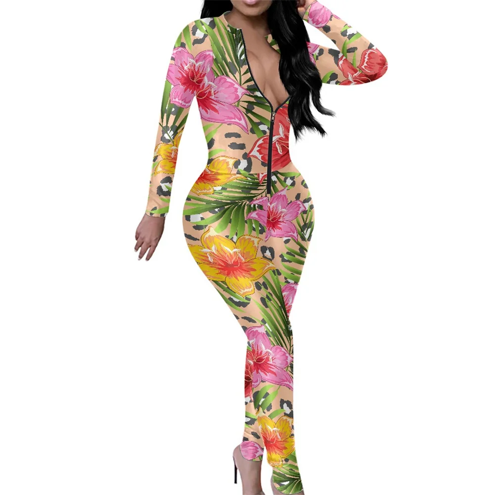 

Latest One Piece Jumpsuit Womens Leopard Skin Bright Floral Tropical Long Sleeve Cocktail Jumpsuit Long Pants Jumpsuits Rompers