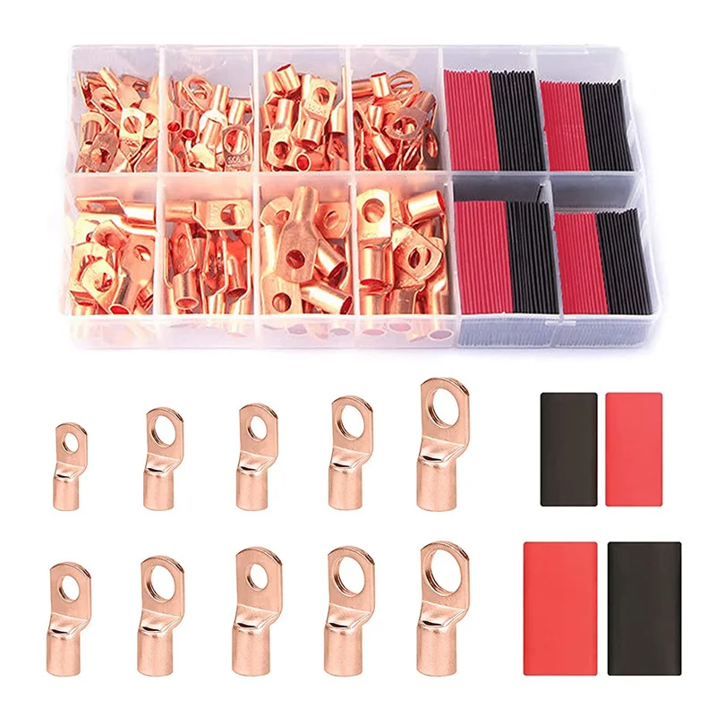

120pcs/box Copper Wire Lugs 60Pcs Battery Cable Lugs Battery Cable Ends Ring Terminals Connectors With 60pcs Heat Shrink Tubing