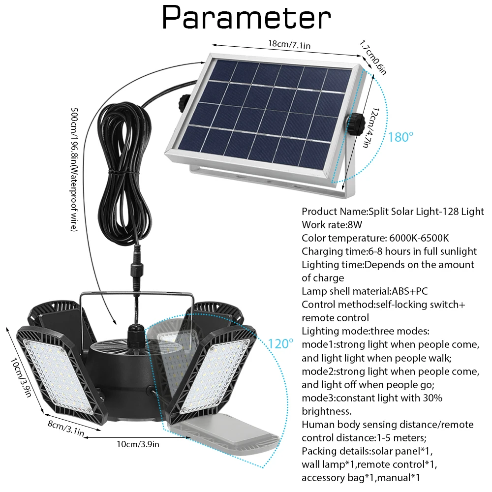 Luz colgante Solar con Sensor de movimiento para interior y exterior, luz de cobertizo Solar impermeable IP65 de 128 LED/1000LM para garaje, jardín y porche