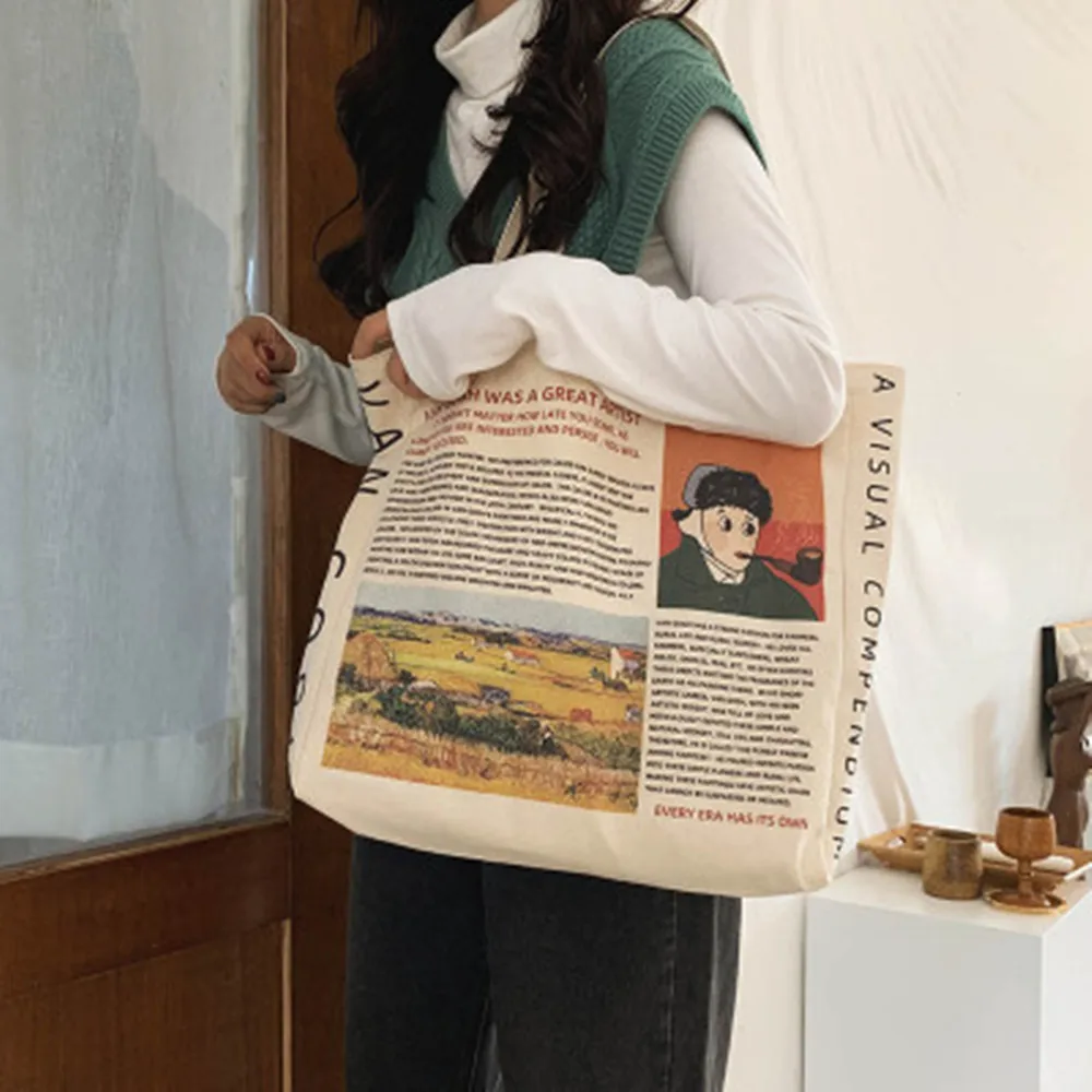 

Women Canvas Niche Design Retro Oil Painting Ins Lazy Shoulder Bag Female Spot Zip Inner Pocket Tote Shoulder Bags Handbag