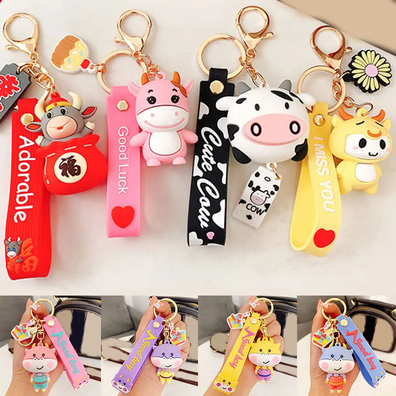 

2021 Kawaii Chinese Style High Quality Silicone Animal Cow Keychains Personality Cartoon Cute Car Keychain Ring Bag Pendant Gift