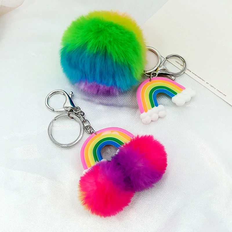 Симпатичный брелок из ПВХ с радужными облаками искусственного меха помпоном для