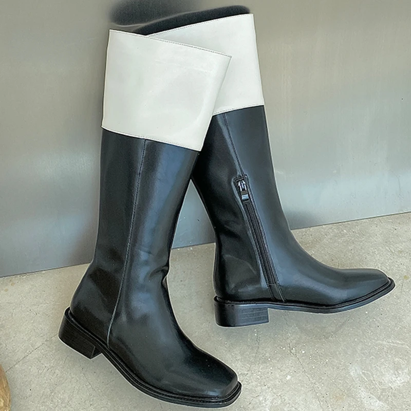 

Women Knee-High Modern Boots 2021 Female Mixed Colors High Boots Autumn Winter New Square Toe Flats Shoes Ladies Zippers Shoes