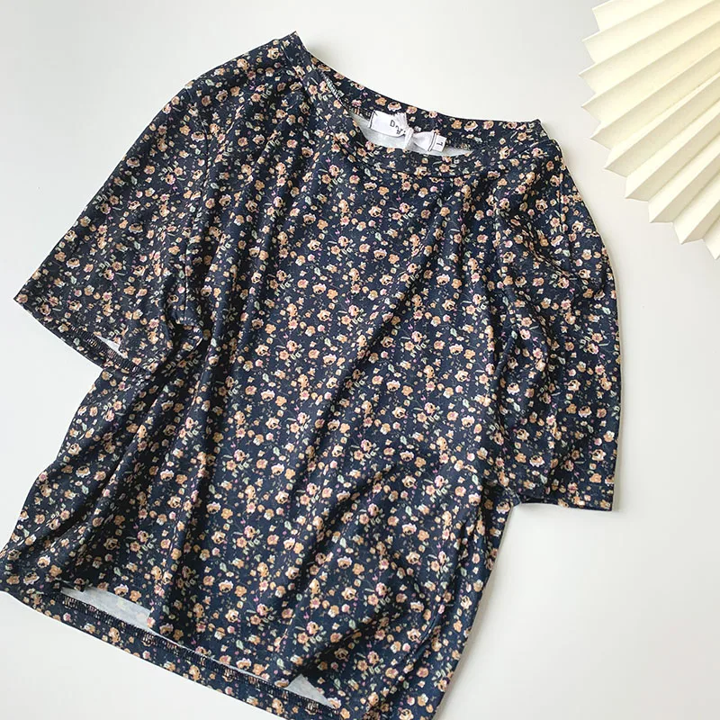 

Spring new women's Korean fashion floral round neck pullover short sleeve T-shirt
