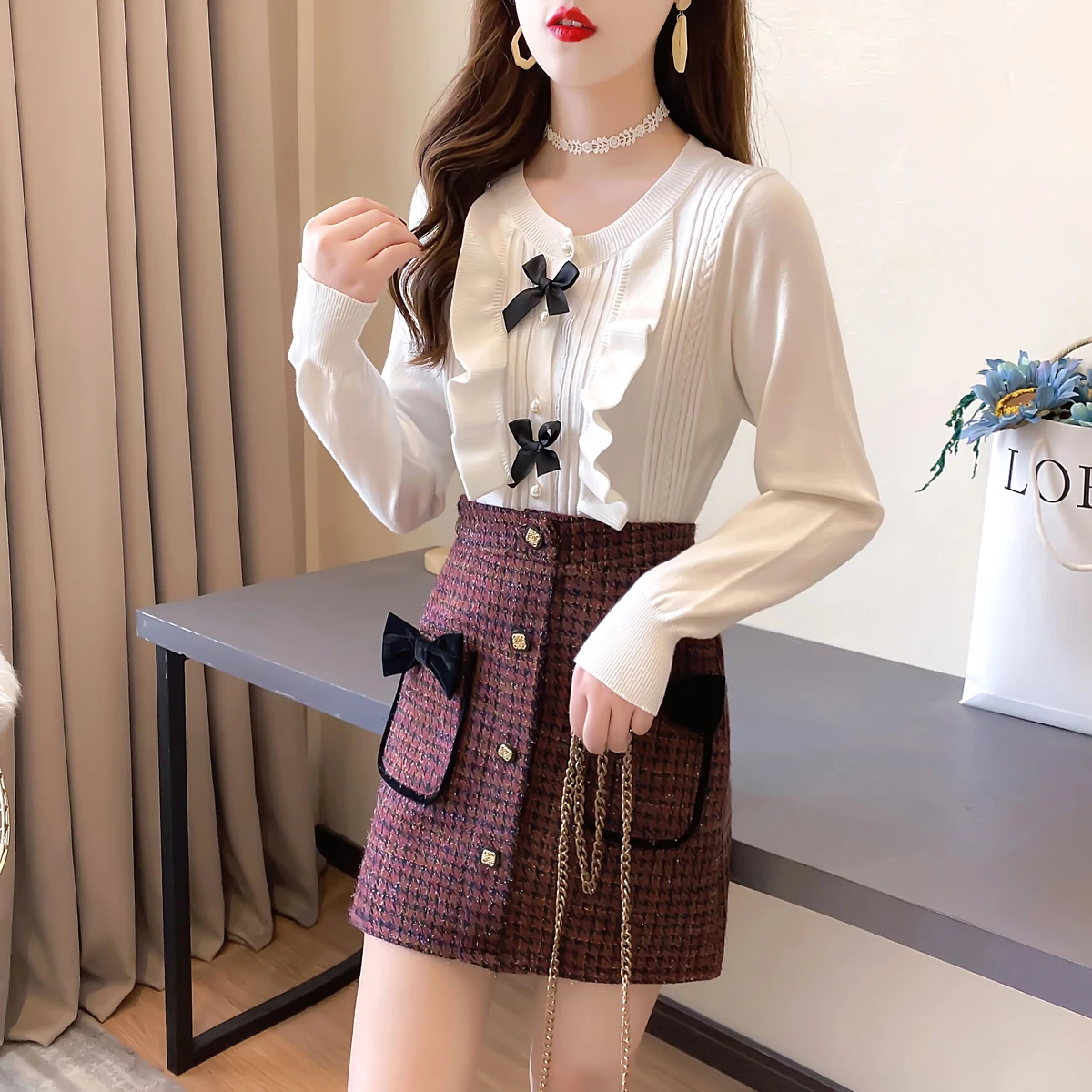 

Women Sweet Single Breasted Knitted Blouse + Bow High Waist Houndstooth Bodycon Skirt Suits Fall New Ladies Skirt Two Piece Set