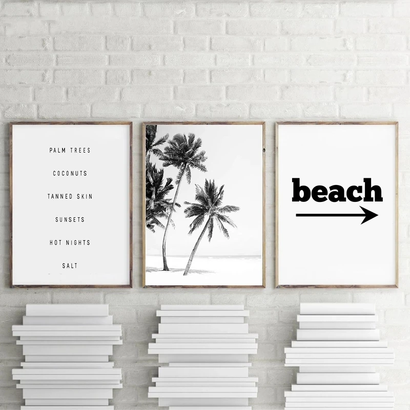 

Nordic Minimalist Poster Black Letters and Grey Coconut Tree Canvas Painting Wall Art Home Decoration Hd Printing Pictures