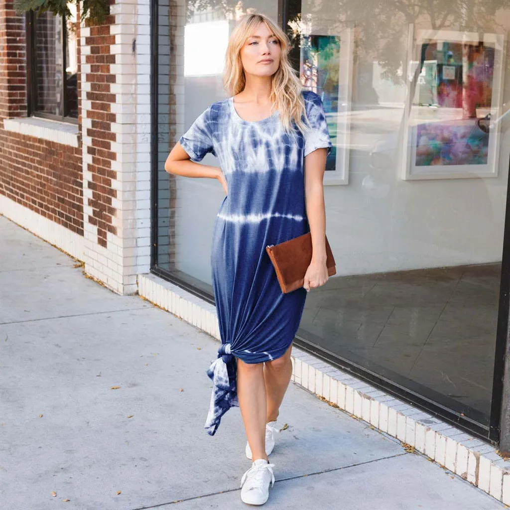 2020 летнее платье модное небесно голубого цвета с галстуком краской женское