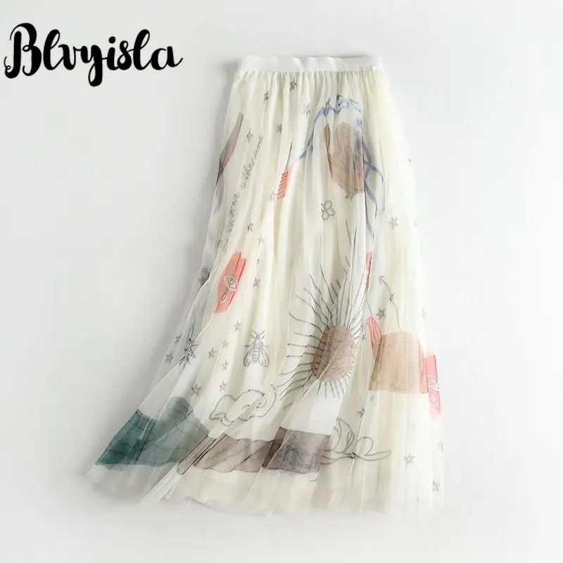 Женская юбка с высокой талией Blvyisla эластичная длинная сетчатая принтом летние