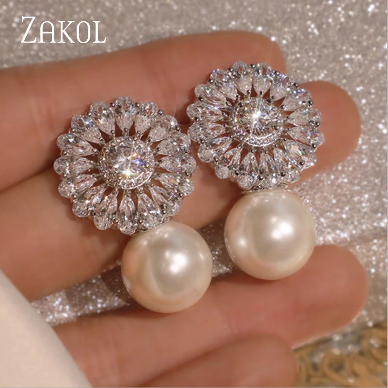 ZAKOL имитация жемчуга &amp циркониевая Снежинка Висячие серьги для элегантных