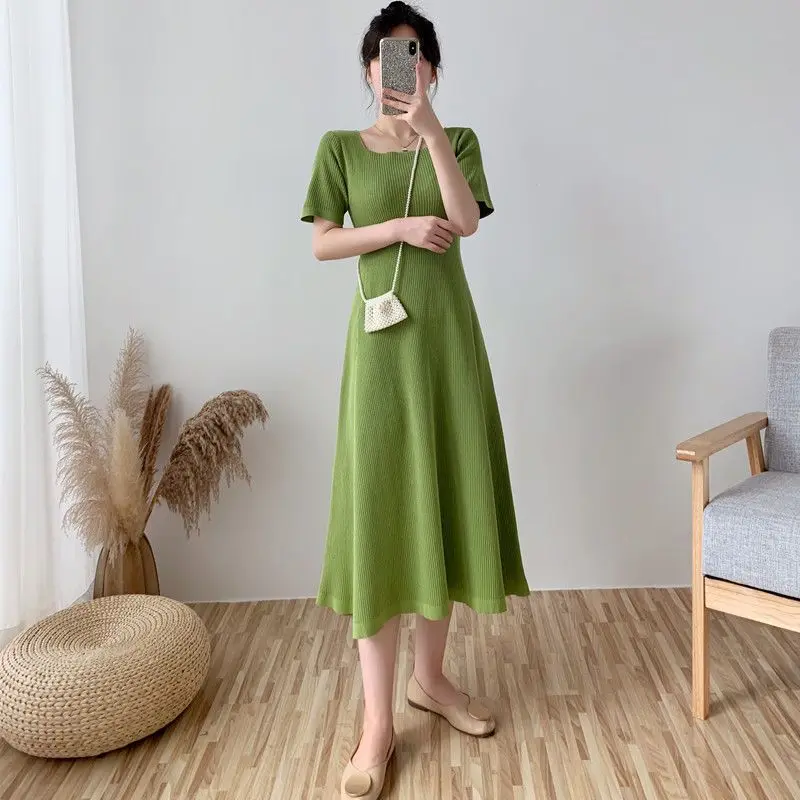 

Chest large hem a-long dress thin summer sexy leaky back ice silk knit Short Sleeve Dress