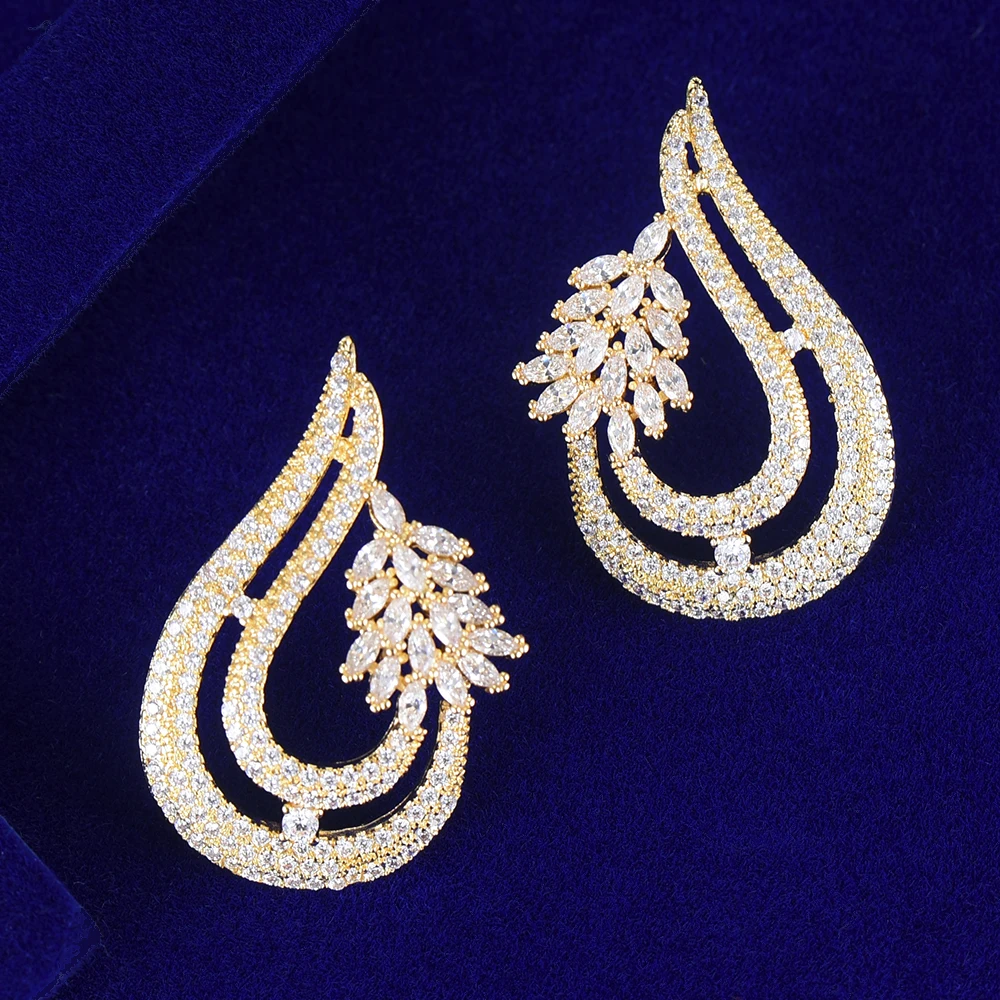 

LARRAURI Brand Full Micro Cubic Zircon CZ African Dubai Bridal Earring 3Tone Waterdrop Stud Earring For Women Wedding