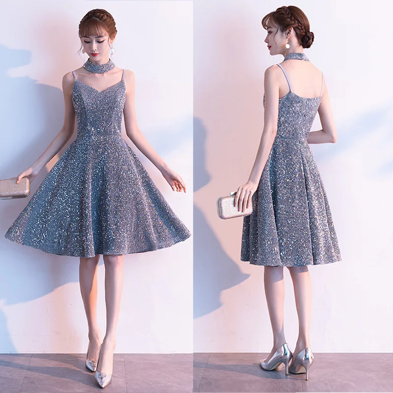 

Office Lady Sexy V-Neck Backless Banquet Gown Exquisite Sequins Trim Short A-Line Dresses Silver Elegant Evening Party Dress