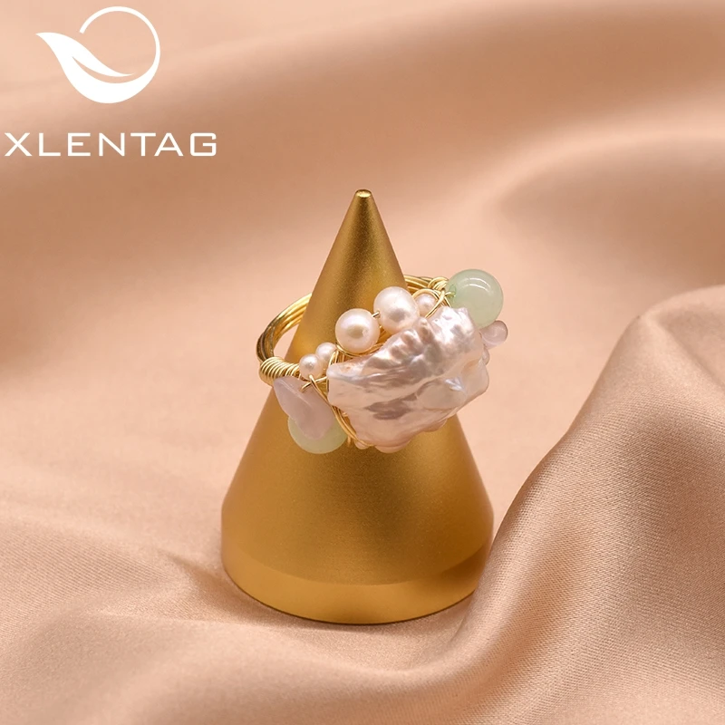 

XlentAg Original Design Natural Pink Baroque Pearl Green Stone Rings For Women Girl Daughter Adjustable Jewelry For Party GR0233