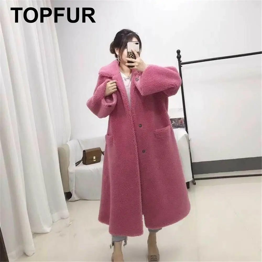 Enlarge TOPFUR 2021 Top Fashion Real Fur Coat Pink Wool Particles Coats For Women Winter Female Long Coat With Pockets With Lapel Collar
