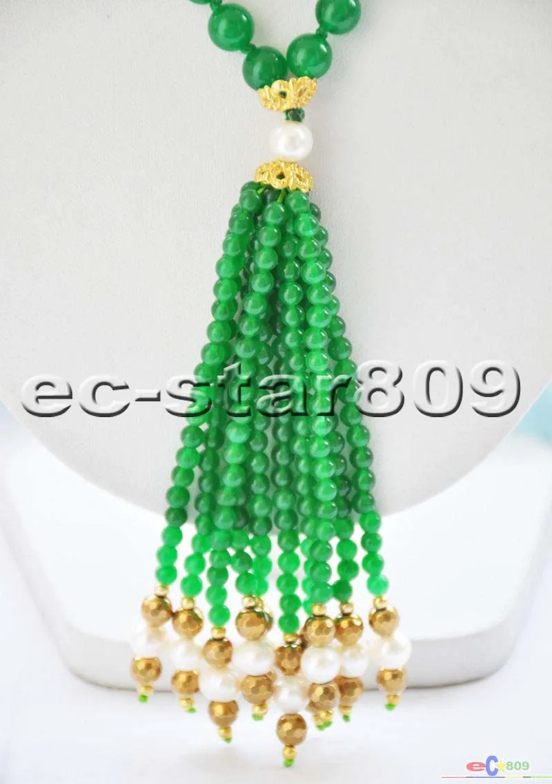 

S1952 38" 8mm green jasper bead white round pearl tassels necklace