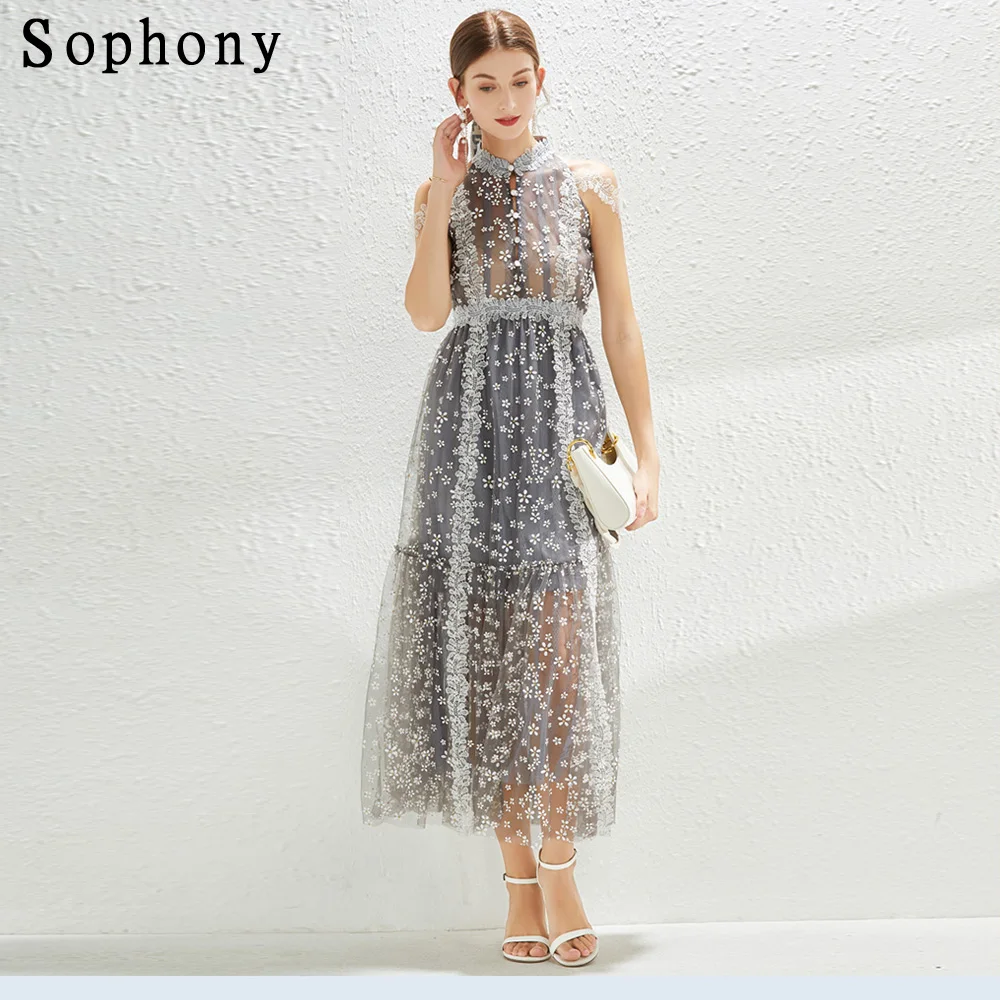 

Women's Sleevess Halter Stand Beading Buttons Lace Mesh Flower Printed Maxi Ball Robe Gown Vestidos Evening Party Dress 3121