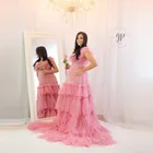 Милое розовое Тюлевое платье для беременных, Многоуровневое ТРАПЕЦИЕВИДНОЕ платье без рукавов с V-образным вырезом, размера плюс, женские платья для фотосессии со шлейфом, пышные