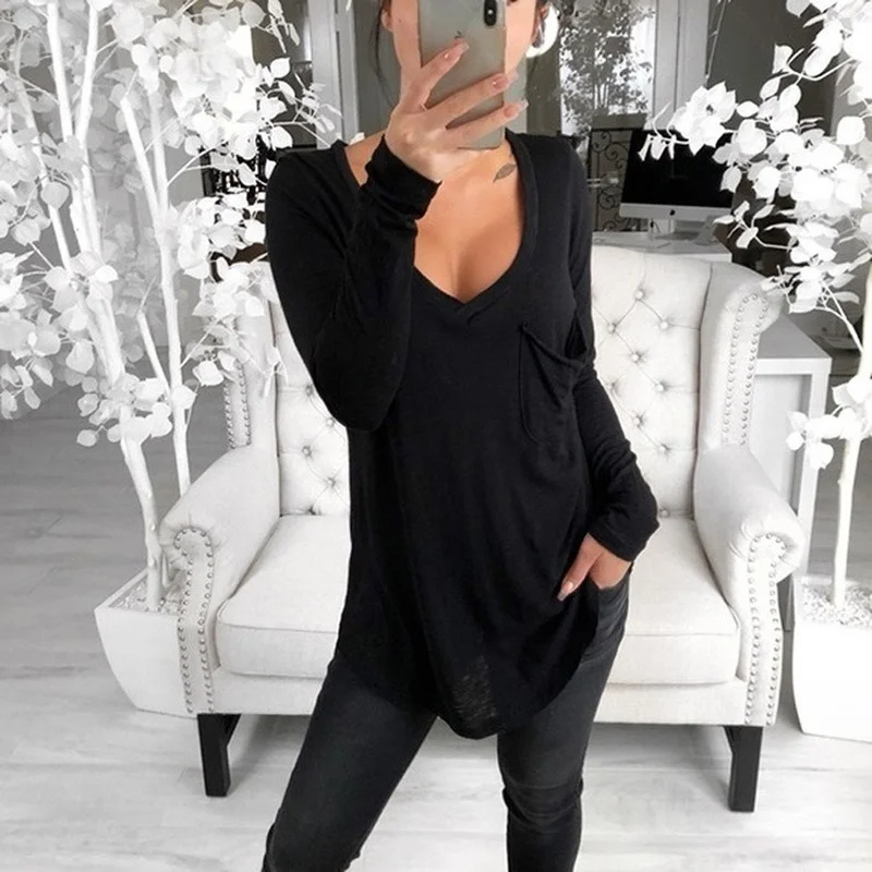

Women Solid Color T-Shirt Cotton Long-Sleeved Round Neck Top With Pockets On The Chest Loose Clothing Suitable For Everyday Wear