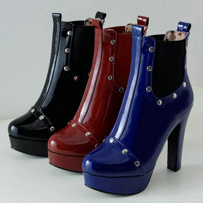

Lady Fashion Rivet Patent Leather Short Boots Comfy Square High Heels Women Ankle Boots New Autumn Winter Platform Ladies Boots
