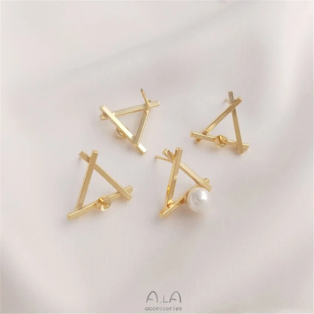 

14K gold clad geometric triangular frame half hole bead holder Earrings 925 silver needle hand DIY glued Pearl Earrings