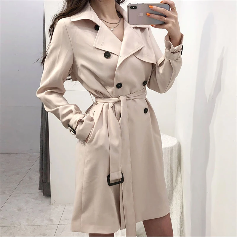 Весенне-осенний Женский Тренч средней длины трапециевидной формы с поясом цвета