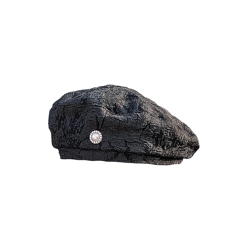 

Pearl Retro Beret Seersucker Hat Women French Painter Hat Exclusive Designer Fashion Thin Folds Cap