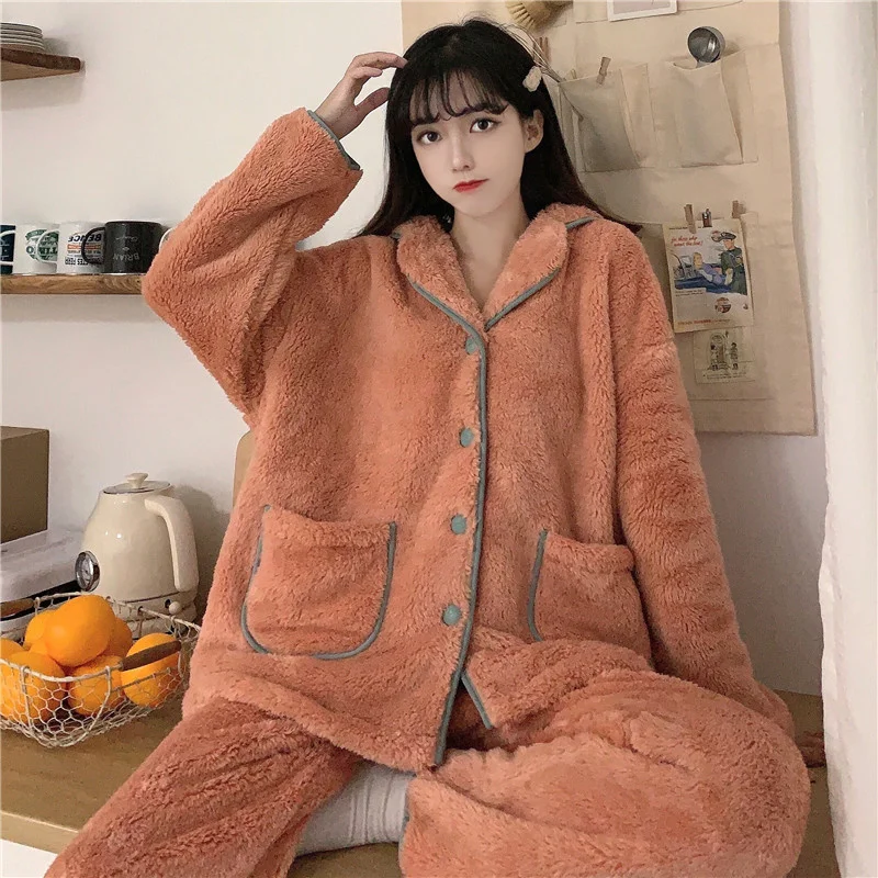 

Winter Pajamas 2021 New Korean Fashion Plush Thickened Warm Can Wear Long Sleeved Pajamas Outside Home Suit Women