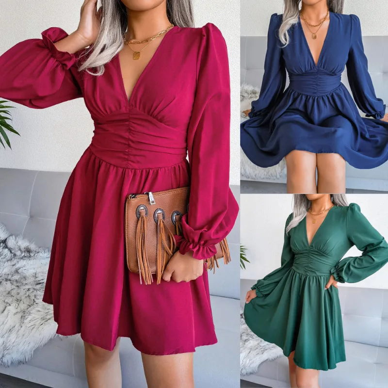 

Ins Style Spring Summer Sexy V Neck Slim Chiffon Pleated Dress Women Long Sleeved Solid Color Clothes
