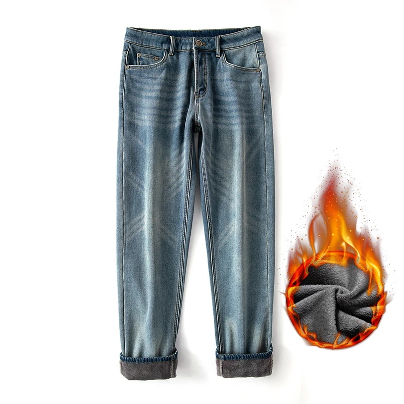 

Men's Fitted Straight Slim Winter Jeans Brand Clothing Retro Style Fleece Thick and Comfortable Warm Cotton Stretch Denim Jeans