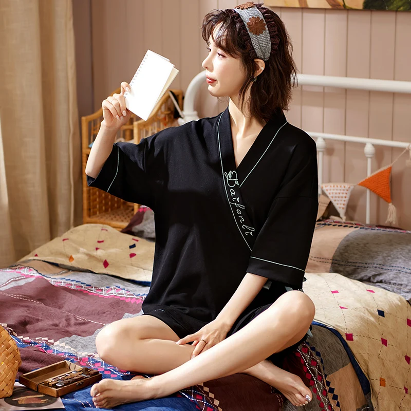 

Пижама-кимоно Женская с коротким рукавом, комплект из хлопка в японском стиле, модная одежда для дома, пикантная юката с черным буквенным пр...